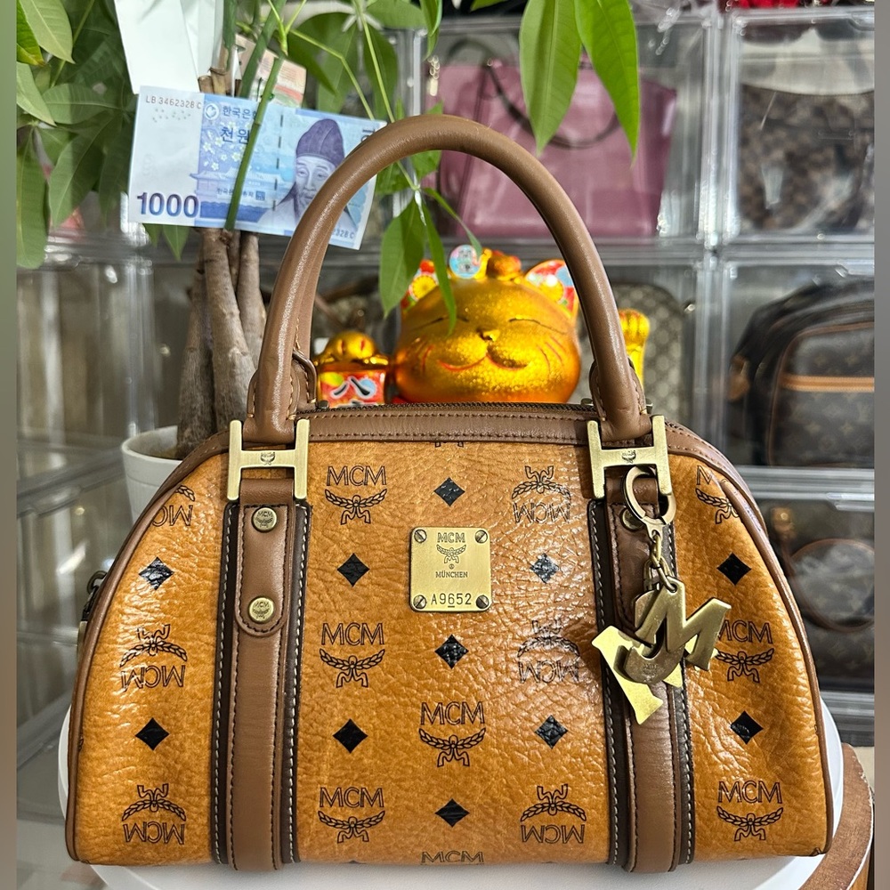 MCM Cognac Visetos Dome Satchel with Gold Hardware